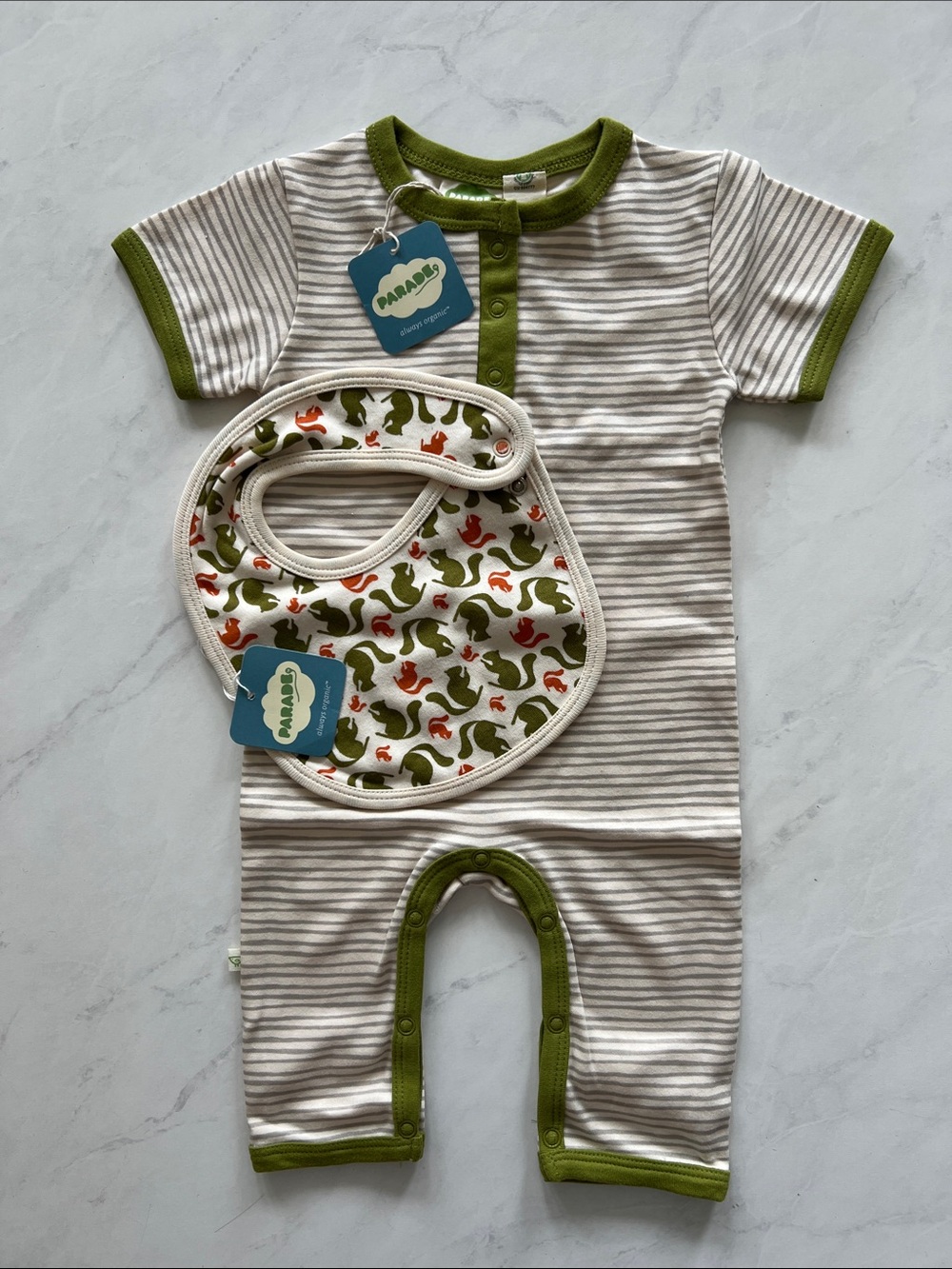 Parade Green-Trim Striped Baby Romper with Animal Print Bib 3-6 months
